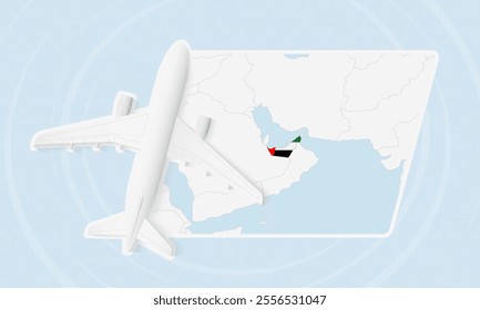 United Arab Emirates Travel Illustration with Plane and National Flag. Ideal for travel agencies, promotional materials, or geographic content related to United Arab Emirates.