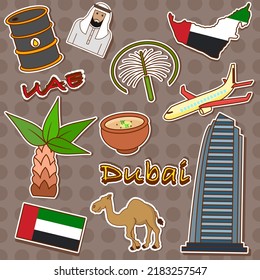 United Arab Emirates travel stickers.  Symbol, landmark, food, country map. Doodle vector illustration.