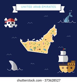 United Arab Emirates treasure map in flat design.. Colorful cartoon treasure map of United Arab Emirates with flat design icons of pirate ship and jolly roger.
