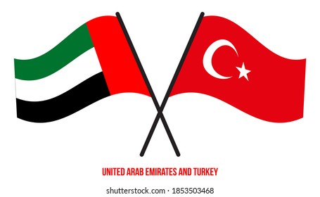 United Arab Emirates and Turkey Flags Crossed And Waving Flat Style. Official Proportion.