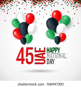 United Arab Emirates UAE 45 national day background with waving flag, balloon, confetti with national colors. Green, red, black, white. Template design layout for card, banner, poster, flyer, card.