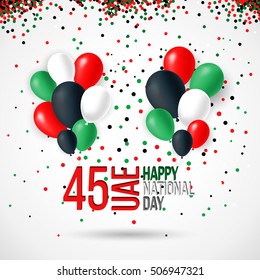 United Arab Emirates UAE 45 national day background with waving flag, balloon, confetti with national colors. Green, red, black, white. Template design layout for card, banner, poster, flyer, card.