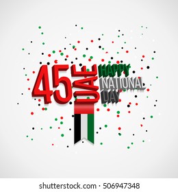 United Arab Emirates UAE 45 national day background with waving flag, balloon, confetti with national colors. Green, red, black, white. Template design layout for card, banner, poster, flyer, card.