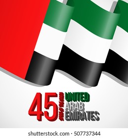 United Arab Emirates UAE 45 national day background with waving flag with national colors. Green, red, black, white. Template design layout for card, banner, poster, flyer, card.