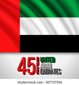 United Arab Emirates UAE 45 national day background with waving flag with national colors. Green, red, black, white. Template design layout for card, banner, poster, flyer, card.