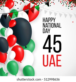 United Arab Emirates UAE 45 national day background with waving flag, balloon, confetti with national colors. Green, red, black, white. Template design layout for card, banner, poster, flyer, card