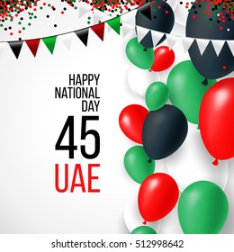 United Arab Emirates UAE 45 national day background with waving flag, balloon, confetti with national colors. Green, red, black, white. Template design layout for card, banner, poster, flyer, card