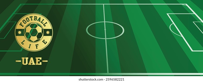 United Arab Emirates - UAE Concept for Football Life Gold Stamp with Soccer Green Field Background, abstract illustration image