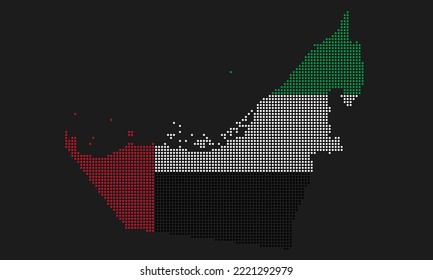 United Arab Emirates or UAE dotted map flag with grunge texture in mosaic dot style. Abstract pixel vector illustration of a country map with halftone effect for infographic. 