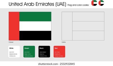 United Arab Emirates UAE Flag version of colored, outline and icons