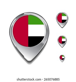 United Arab Emirates UAE flag map pointer. 3d Map Pointer with flag glossy button style on gray background
