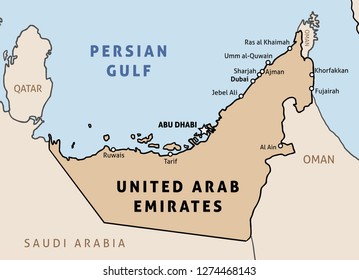 United Arab Emirates (UAE) map. Outline vector country map with main cities and data table.