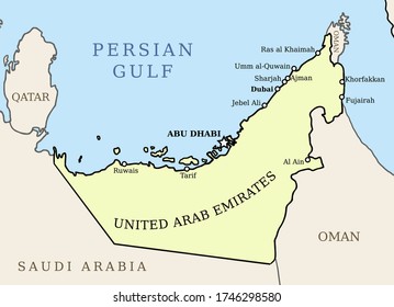 United Arab Emirates (UAE) map. Outline vector country map with main cities.