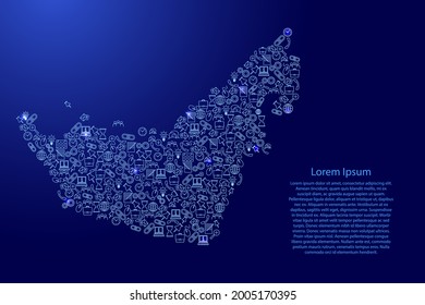 United Arab Emirates, UAE map from blue and glowing stars icons pattern set of SEO analysis concept or development, business. Vector illustration.