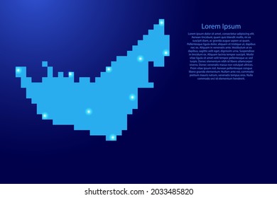 Emiratos Árabes Unidos, silueta de mapa de Emiratos Árabes Unidos con píxeles cuadrados azules y estrellas brillantes. Ilustración vectorial.