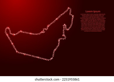 United Arab Emirates, UAE map country along contour of recurring english red words name of state and glowing space stars 