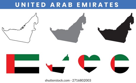 Mapa dos Emirados Árabes Unidos (EAU) e conjunto vetor da bandeira com o esboço do emirado.