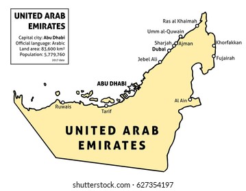 United Arab Emirates (UAE) map. Outline vector country map with main cities and data table.