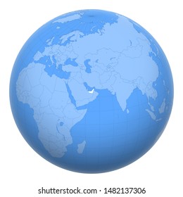 United Arab Emirates (UAE) on the globe. Earth centered at the location of The United Arab Emirates. Map of the Emirates. Includes layer with capital cities.