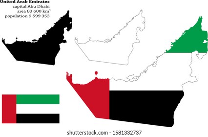  United Arab Emirates  UAE vector map, flag, borders, mask , capital, area and population infographic