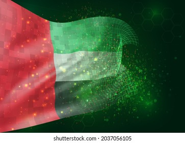 Emiratos Árabes Unidos, bandera vectorial 3d sobre fondo verde con polígonos y números de datos