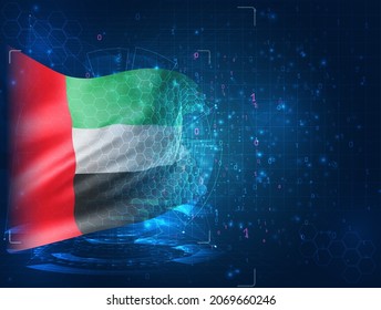 Vereinigte Arabische Emirate, Vektorgrafik 3D-Flagge auf blauem Hintergrund mit hud-Schnittstellen