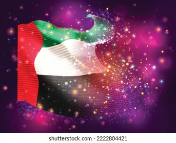 United Arab Emirates, vector 3d flag on pink purple background with lighting and flares
