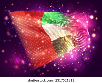 United Arab Emirates, vector 3d flag on pink purple background with lighting and flares