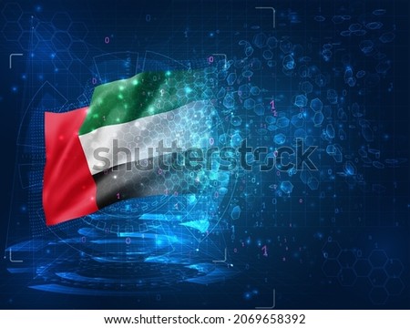 United Arab Emirates, vector 3d flag on blue background with hud interfaces