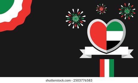 Ilustración de diseño de Anuncio de Vector de los Emiratos Árabes Unidos con colores de bandera, Formas geométricas y tipografía. fuegos artificiales y Elementos de cinta.