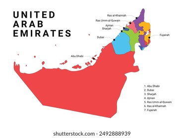 United Arab Emirates vector map, High detailed color map illustration, cities -geographical borders, UAE Outline political administrative map, 7 Emirates and capital cities, UAE Vector drawing, city