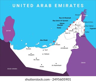 Vereinigte Arabische Emirate Vectorkarte, Vektorgrafik der VAE, Kartenskizze der VAE, 7 Emirate der VAE, Vereinigte Arabische Emirate 7 Emirate Karte, Dubai, Abu Dhabi, Al Ain, Fujairah, Sharjah, Grenzkarte, Stadt