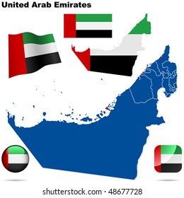 United Arab Emirates vector set. Detailed country shape with region borders, flags and icons isolated on white background.