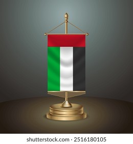 Bandera de la tabla de la Vertical de los Emiratos Árabes Unidos con el poste de oro en el fondo oscuro del gradiente, Ilustración vectorial del Anuncio de la Plantilla