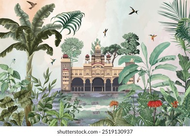 United Arab Emirates wallpaper, Mughal Garden Illustration.