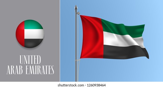 United Arab Emirates waving flag on flagpole and round icon vector illustration. Realistic 3d mockup of stripes of UAE flag and circle button 