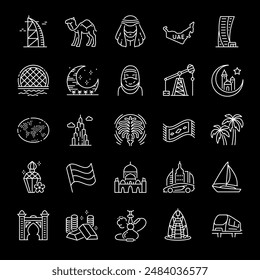 United Arab Emirates, white line icons. Traditions, landmarks, clothing, and buildings. travel and cultural themes. Symbols on black background. Editable stroke.