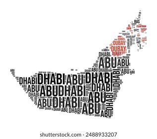 United Arab Emirates Word Cloud. Country shape with region division. United Arab Emirates typography style image. Region names tag clouds. Vector illustration.