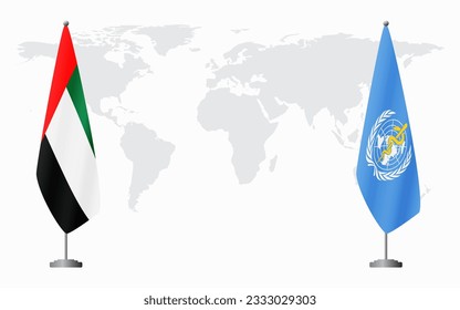 United Arab Emirates and World Health Organization flags for official meeting against background of world map.