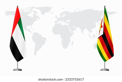 United Arab Emirates and Zimbabwe flags for official meeting against background of world map.