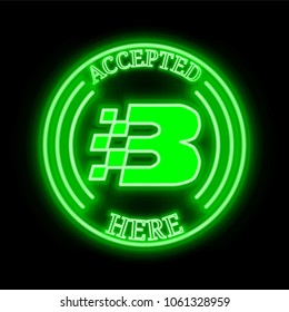 United Bitcoin (UBTC) green  neon cryptocurrency symbol in round frame with text "Accepted here". Vector illustration isolated on black background