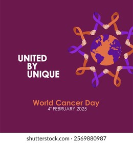 United by Unique - World Cancer Day 4th February 2025 Concept Design with Shaking Hand Ribbon Holding World Illustration. World Cancer Day  2025 Vector Illustration.