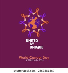 United by Unique - World Cancer Day 2025 Concept Design with Shaking Hand Ribbon Holding World Illustration. World Cancer Day 2025 Template for Campaign, Poster, Social Media and Banner. 