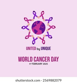 United by Unique - World Cancer Day 4th February 2025 Concept Design with Shaking Hand Ribbon Holding World Illustration. Pink Purple World Cancer Day  2025 Vector Illustration.