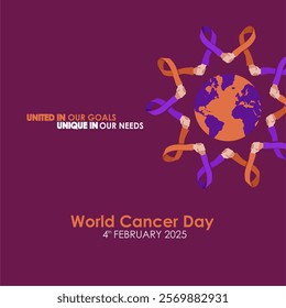 United by Unique - World Cancer Day 4th February 2025 Concept Design, Poster, Banner, Template.  Annual World Cancer Day Vector Illustration. 