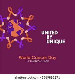 United by Unique - World Cancer Day 4th February 2025 Greeting Design with Shaking Hand Ribbon Holding World Illustration. World Cancer Day  2025 Vector Illustration.