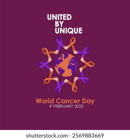 United by Unique - World Cancer Day 4th February 2025 Concept Design with Shaking Hand Ribbon Holding World Symbol. World Cancer Day  2025 Creative Design. 