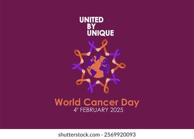 United by Unique - World Cancer Day 4th February 2025 Banner Design with Shaking Hand Ribbon Holding World Illustration. World Cancer Day  2025 Vector Illustration. Best for Campaign Background