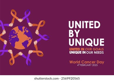 United by Unique - World Cancer Day 4th February 2025 Banner Design, Background, Poster, Greeting, Template.  Annual World Cancer Day Vector Illustration. 