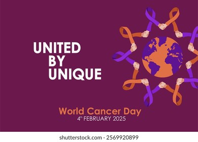 United by Unique - World Cancer Day 4th February 2025 Poster Banner Design with Shaking Hand Ribbon Holding World Illustration. World Cancer Day  2025 Vector Illustration. Best for Campaign Background